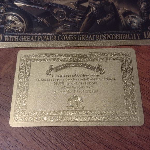 BATMAN THE DARK KNIGHT 24k GOLD NOVELTY NOTE w/GOLD CERTIFICATE OF AUTHENTICITY - Picture 3 of 15